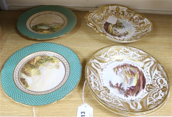 A pair of early 19th century landscape plates, a pair of similar Derby plates and a Derby shaped dish,
